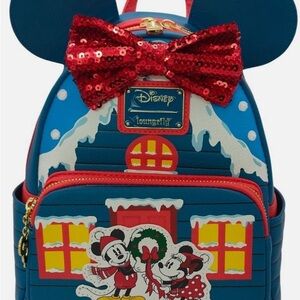Loungefly Blue Backpack with Red Sequin Bow - Holiday Mickey & Minnie